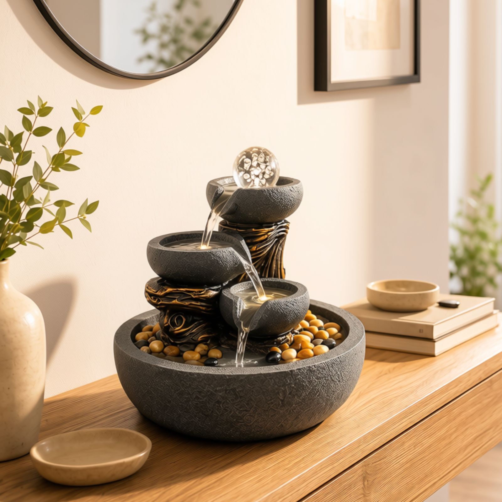 Yggra Nature Indoor Fountain - 20 cm High with Rotating Glass Ball - Zen Water Fountain with 3 Cascades - Natural Decoration with Decorative Stones Included