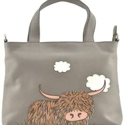 Ladies Leather Highland Cow Grab Bag with Shoulder Strap__Grey