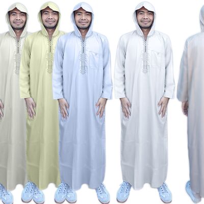Mens Hooded Thobe Moroccan Long Full Sleeves Luxury Zip Robe Dishdash - BEIGE