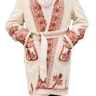 Fatto a mano afgano biglietto sopra cappotto inverno Chugha Pakol Patu Mens lana bianca Kashmir Chugah scialle Pakol LADIES - Bianco