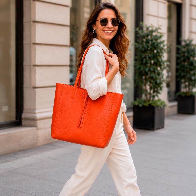 Shopper-style bag in Italian leather with long handles