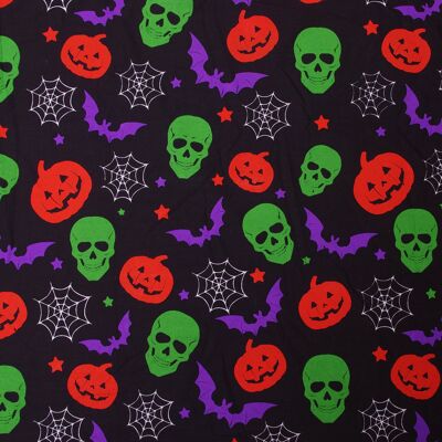 Crânes effrayants effrayants de coton d'Halloween, citrouilles, tissu de tissu de chauves-souris
