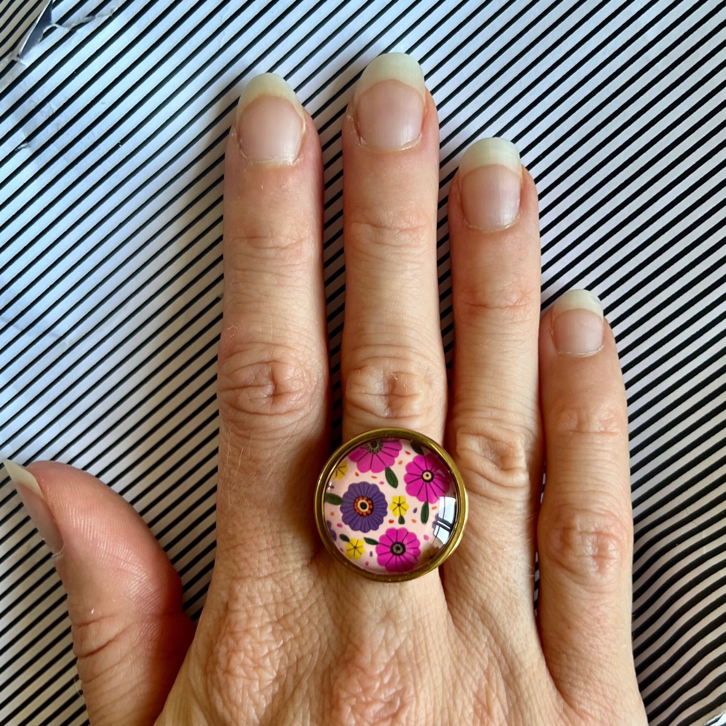 Bague Fleurs Roses et Violettes