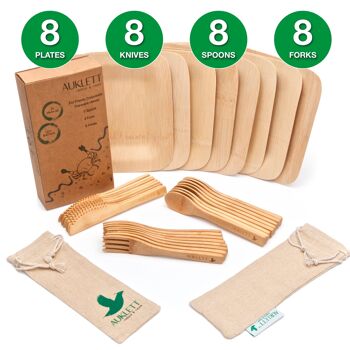 8 couverts en bambou réutilisables avec assiettes en bambou et 2 pochettes de voyage - 8 assiettes, 8 fourchettes, 8 couteaux, 8 cuillères 2