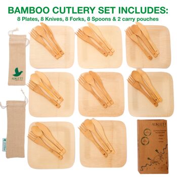 8 couverts en bambou réutilisables avec assiettes en bambou et 2 pochettes de voyage - 8 assiettes, 8 fourchettes, 8 couteaux, 8 cuillères 7