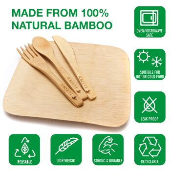 8 couverts en bambou réutilisables avec assiettes en bambou et 2 pochettes de voyage - 8 assiettes, 8 fourchettes, 8 couteaux, 8 cuillères 9