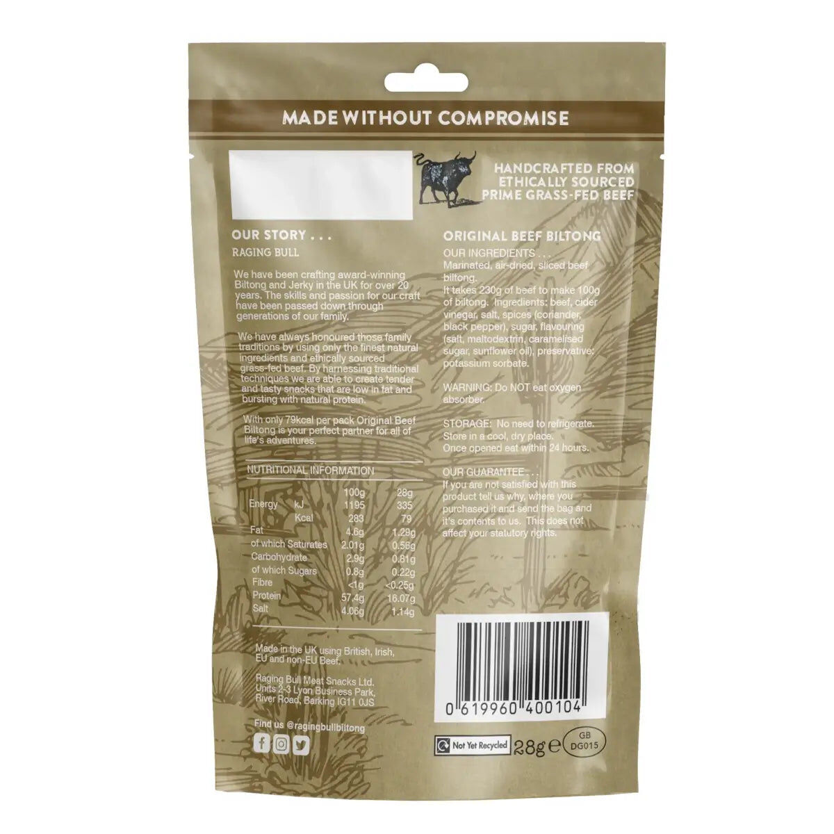 Raging Bull Original Beef Biltong 28g - Case of 10