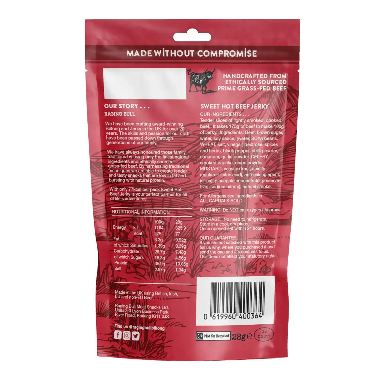 Raging Bull Sweet Hot Beef Jerky 28g - Case of 10