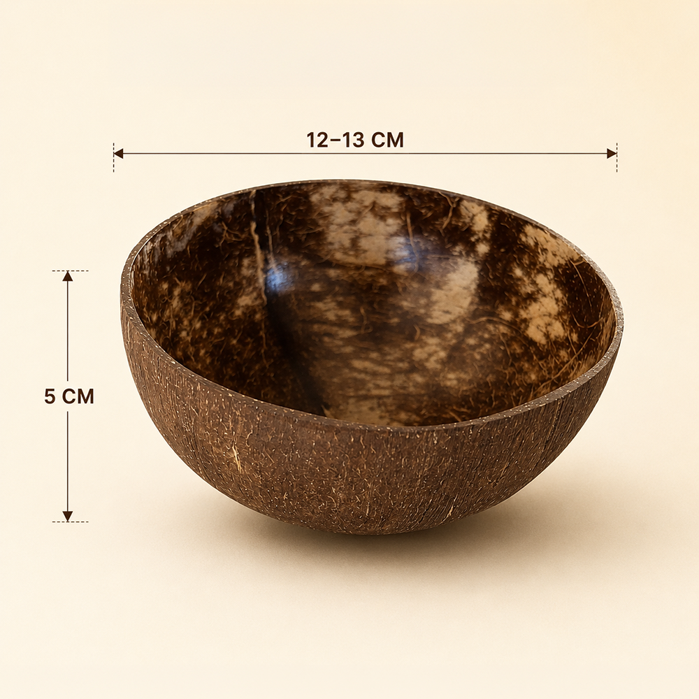 Schalen aus natürlicher Kokosnussschale, lebensmittelecht lackierte Innenseite, groß (12–13 cm)