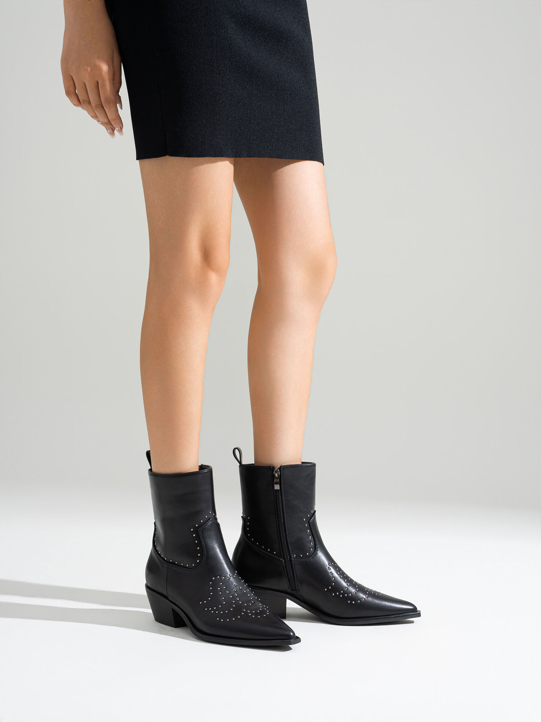 Women's Studded Western Ankle Boots, Pointed Toe, Block Heel