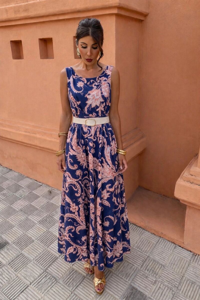 Robe sans manches imprimé avec ceinture
