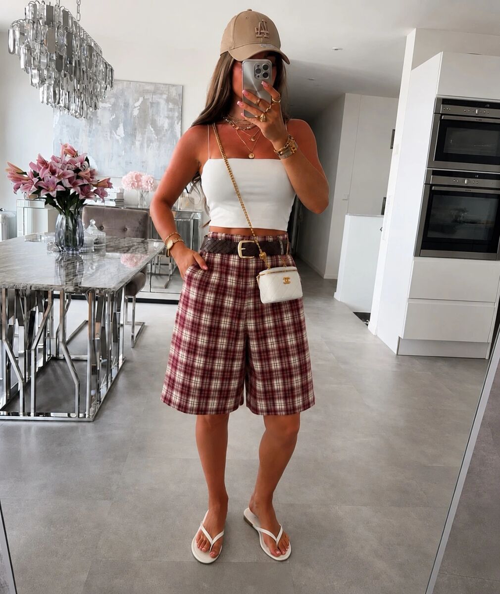 Short Bermuda effet flanelle Carreaux Avec ceinture et poches
