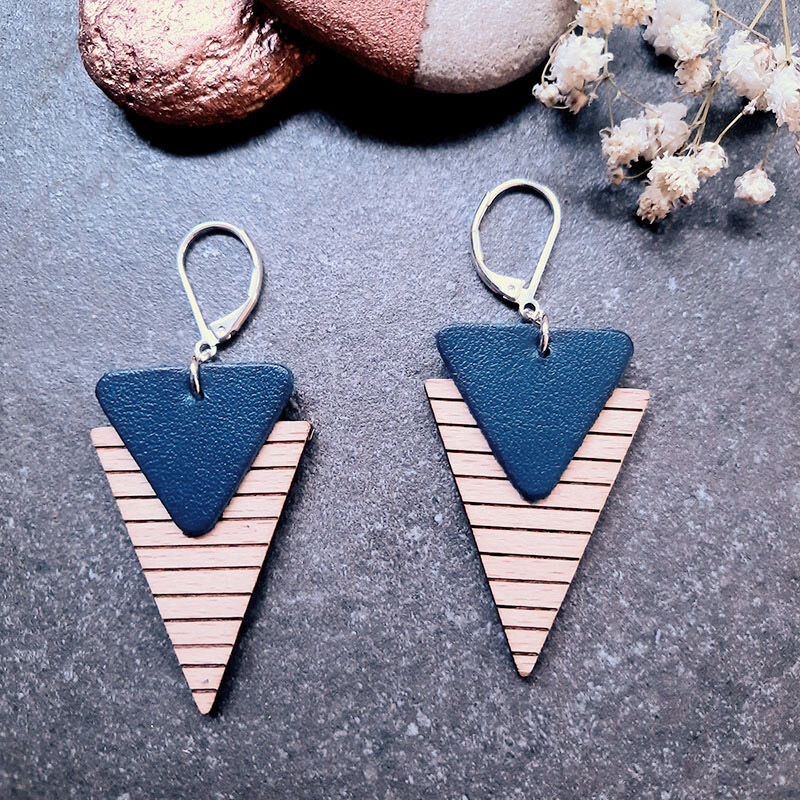 Boucles d'oreilles en bois MARINIERE Bleu marine