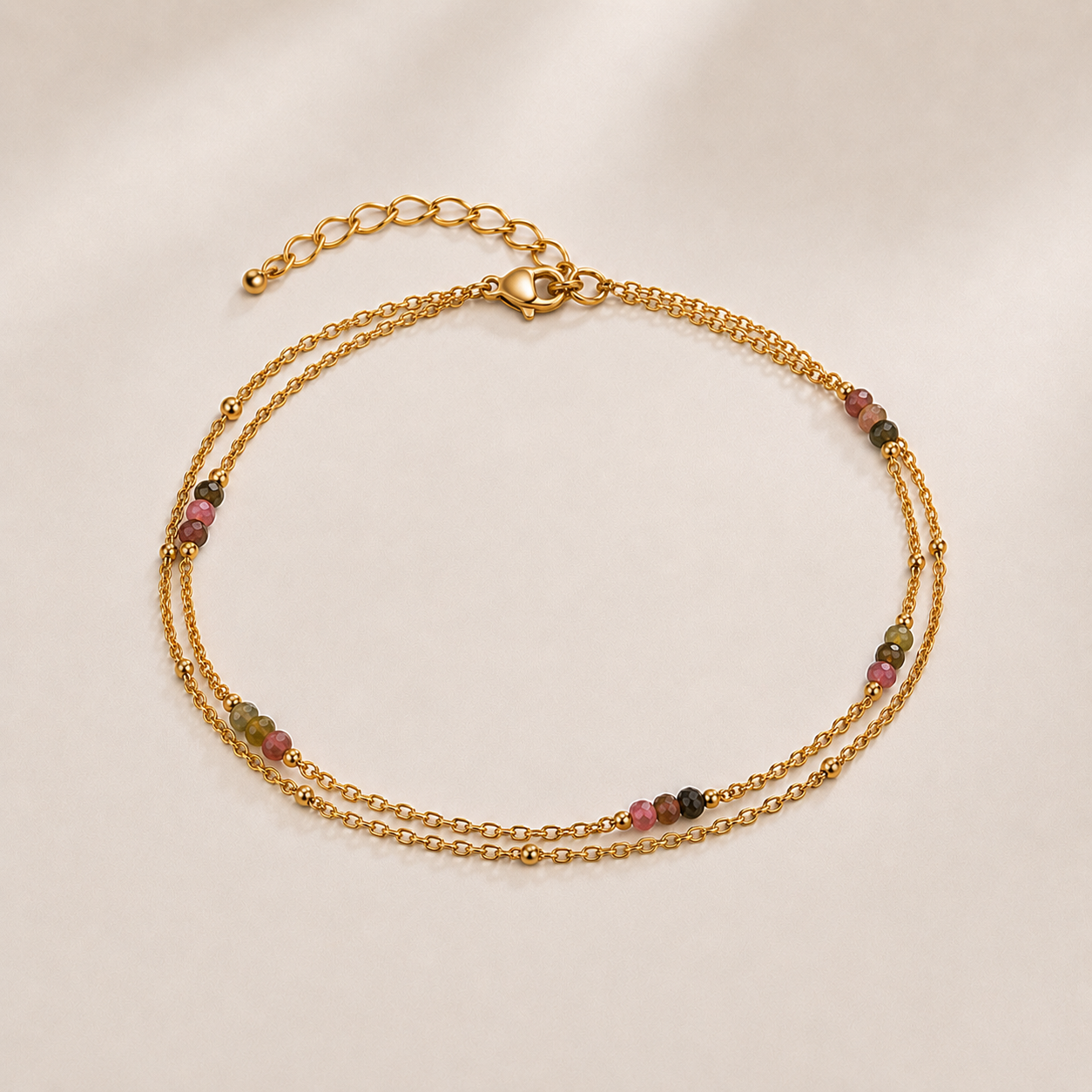 Double-strand anklet in multicolored tourmaline