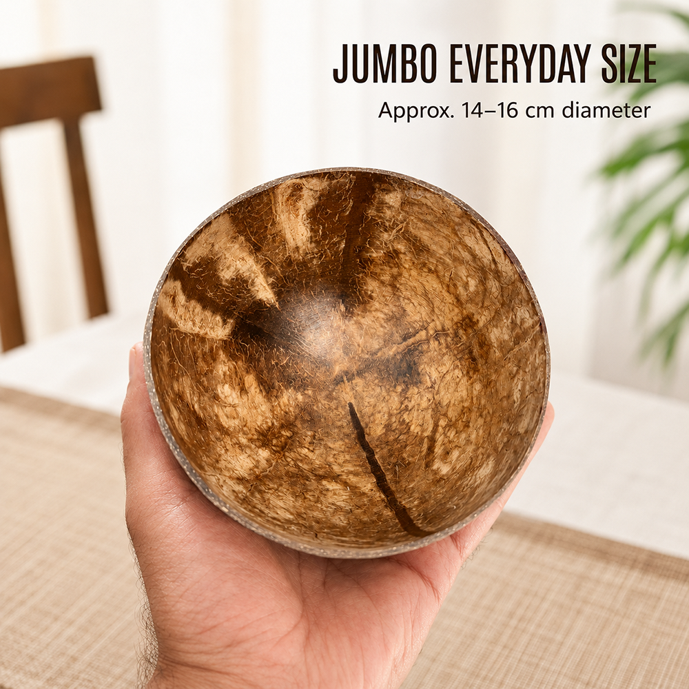 Schalen aus natürlicher Kokosnussschale, lebensmittelecht lackierte Innenseite, Jumbo 14-16 cm