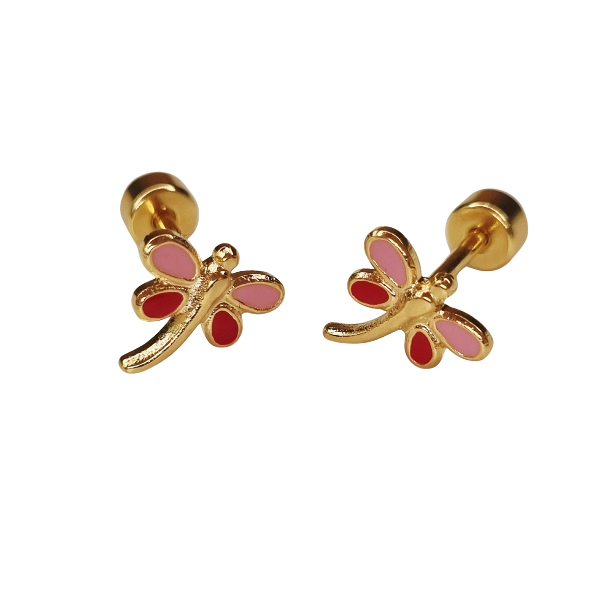 Kinderoorbellen Libelle goud (roze,rood) met schroefsluiting