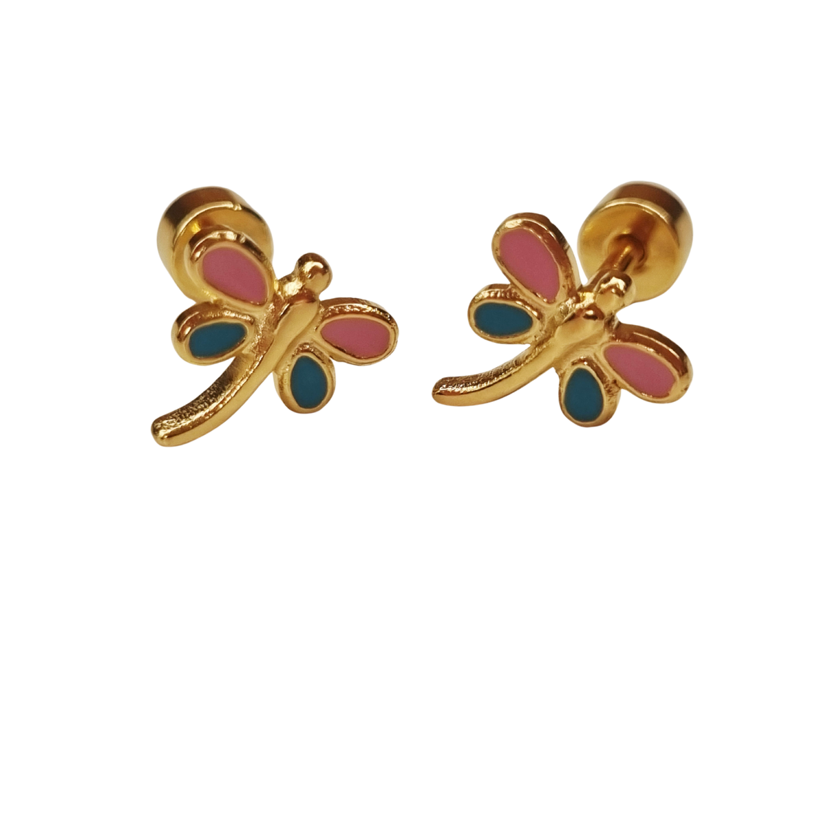 Kinderoorbellen Libelle goud (roze,turquoise) met schroefsluiting
