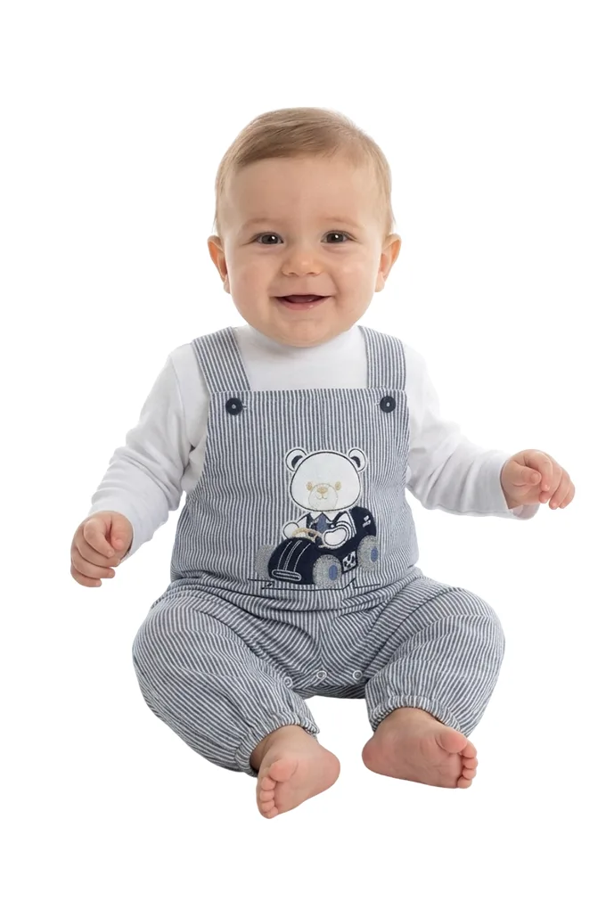 Baby Printed Dungarees, Bear and Stripes