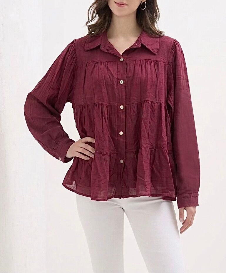 Bohemian long-sleeved shirt with buttoned cuffs, shirt collar, and multi-level yokes