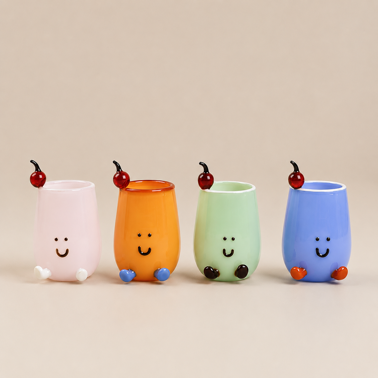 Cute Smiley Face Glass Cup with Cherry, Mini Juice Mug 130ml