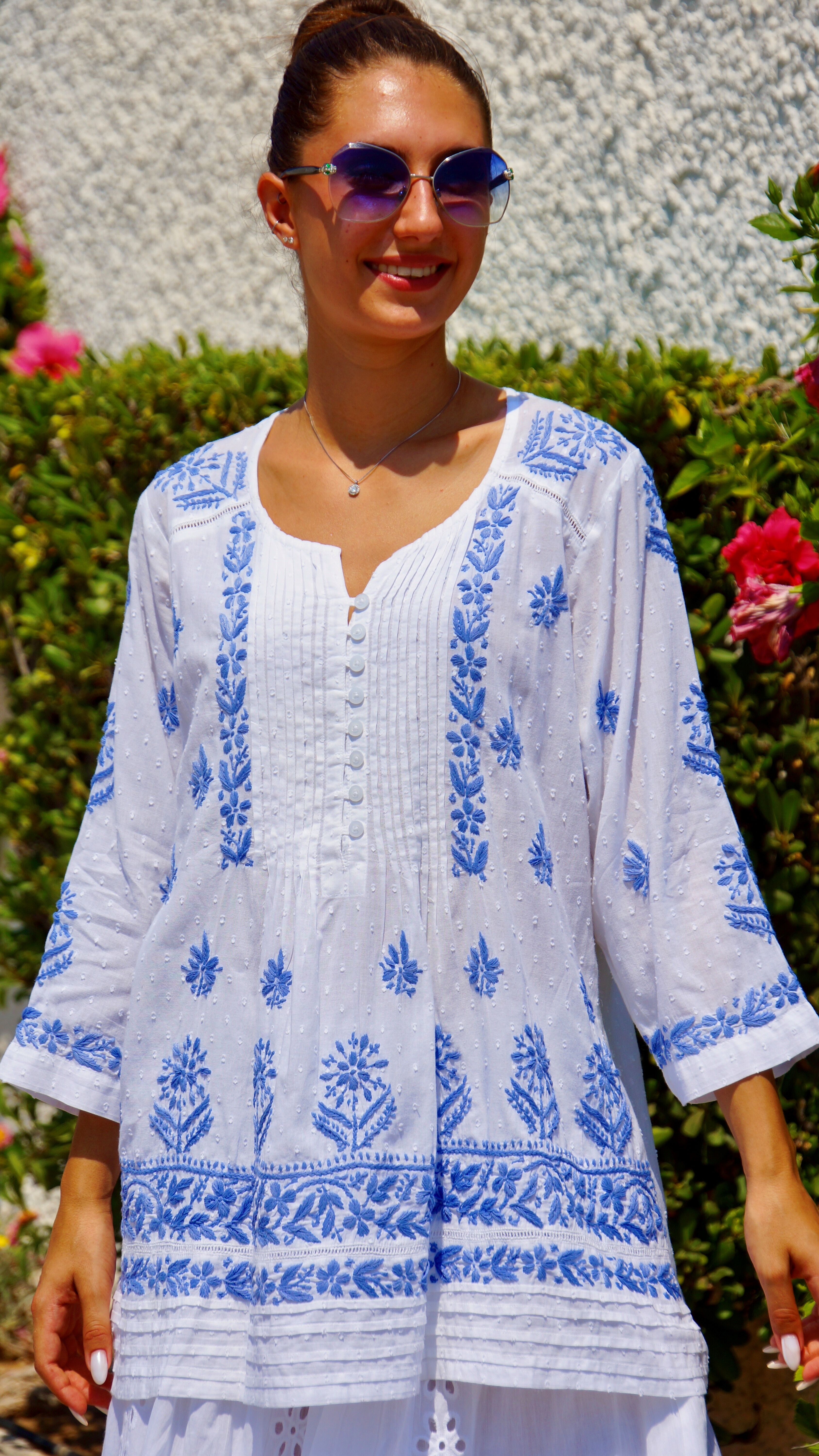White cotton tunic with blue embroidery
