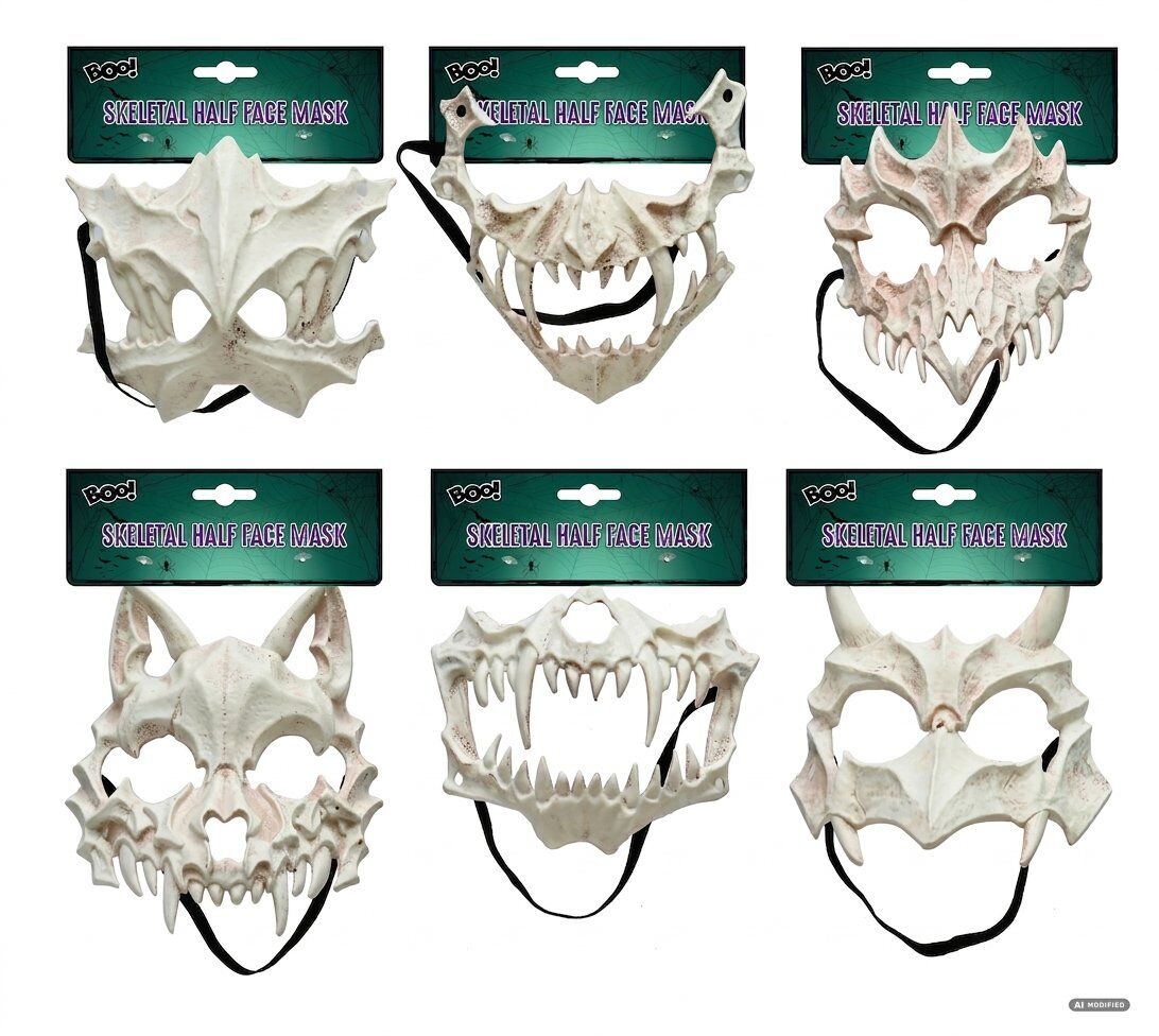 Masque demi-visage squelette animal Halloween 6 styles