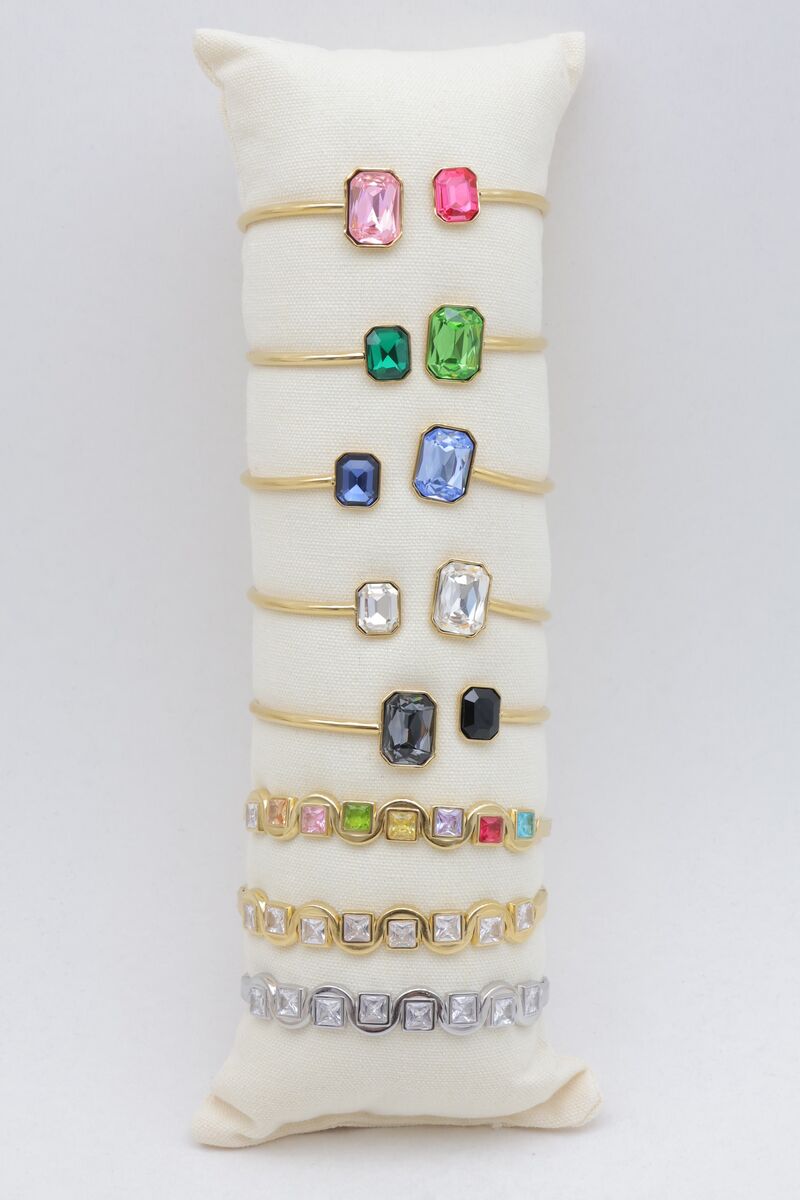 Set of 8 bangle bracelets with rectangular and square stones