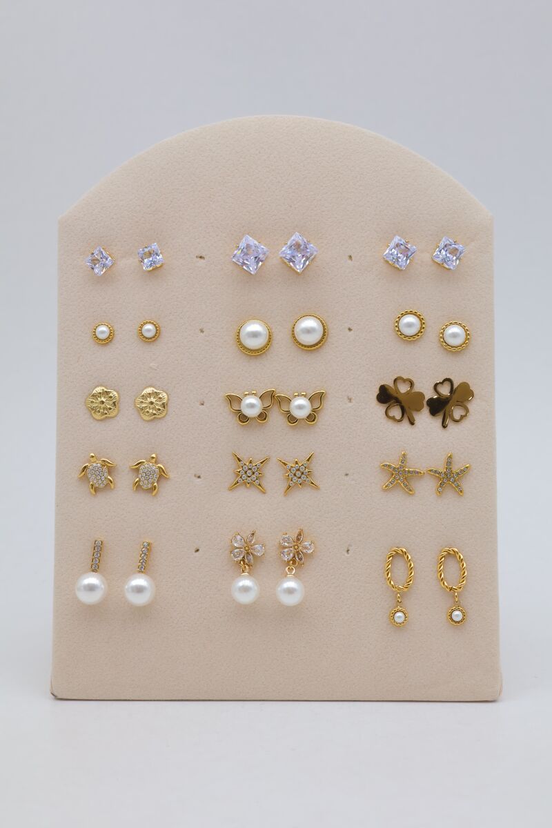 Set of 15 pearl, turtle and butterfly ear studs