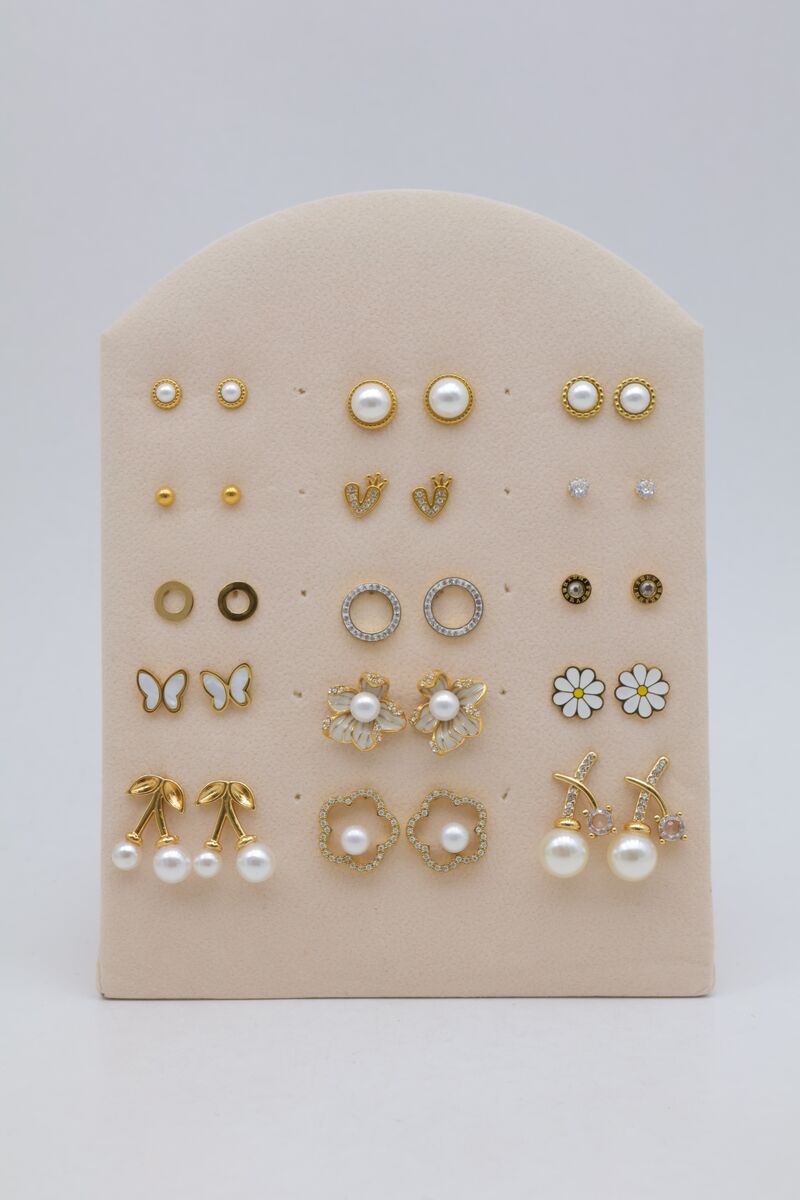 Set of 15 pearl, butterfly and flower ear studs