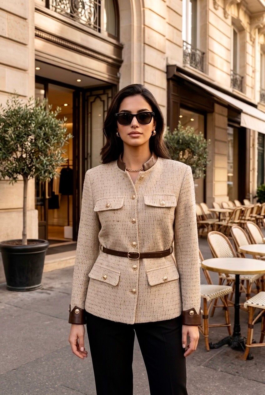 Veste femme tweed avec ceinture
