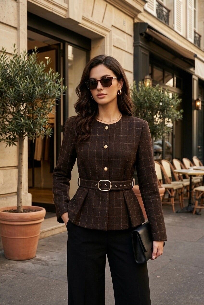 Veste femme carreaux avec ceinture