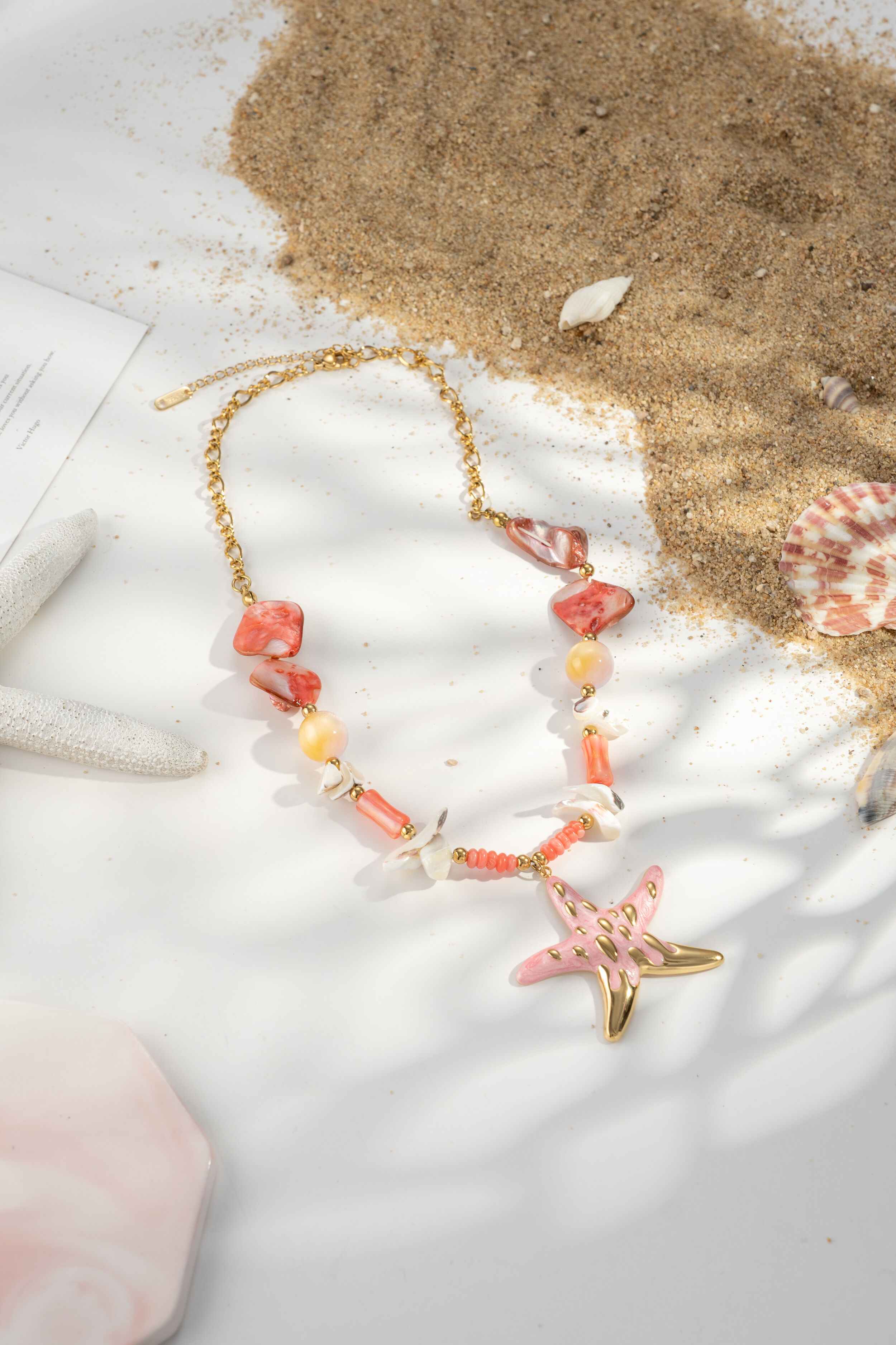 Starfish necklace with golden seashell and colorful beads, trendy summer beach necklace for women