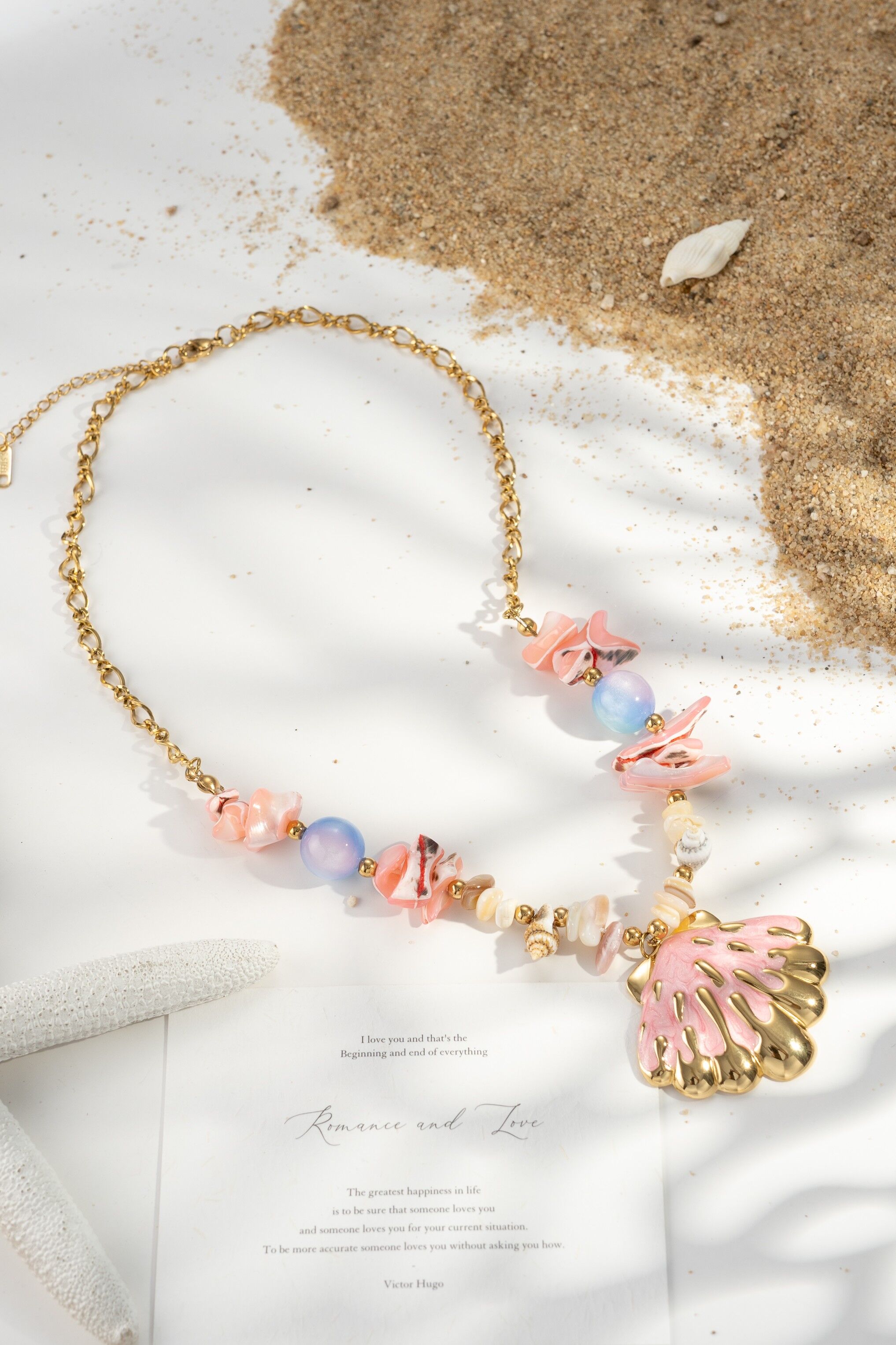 Gold shell necklace with colorful pearl beads, trendy summer beach women's design