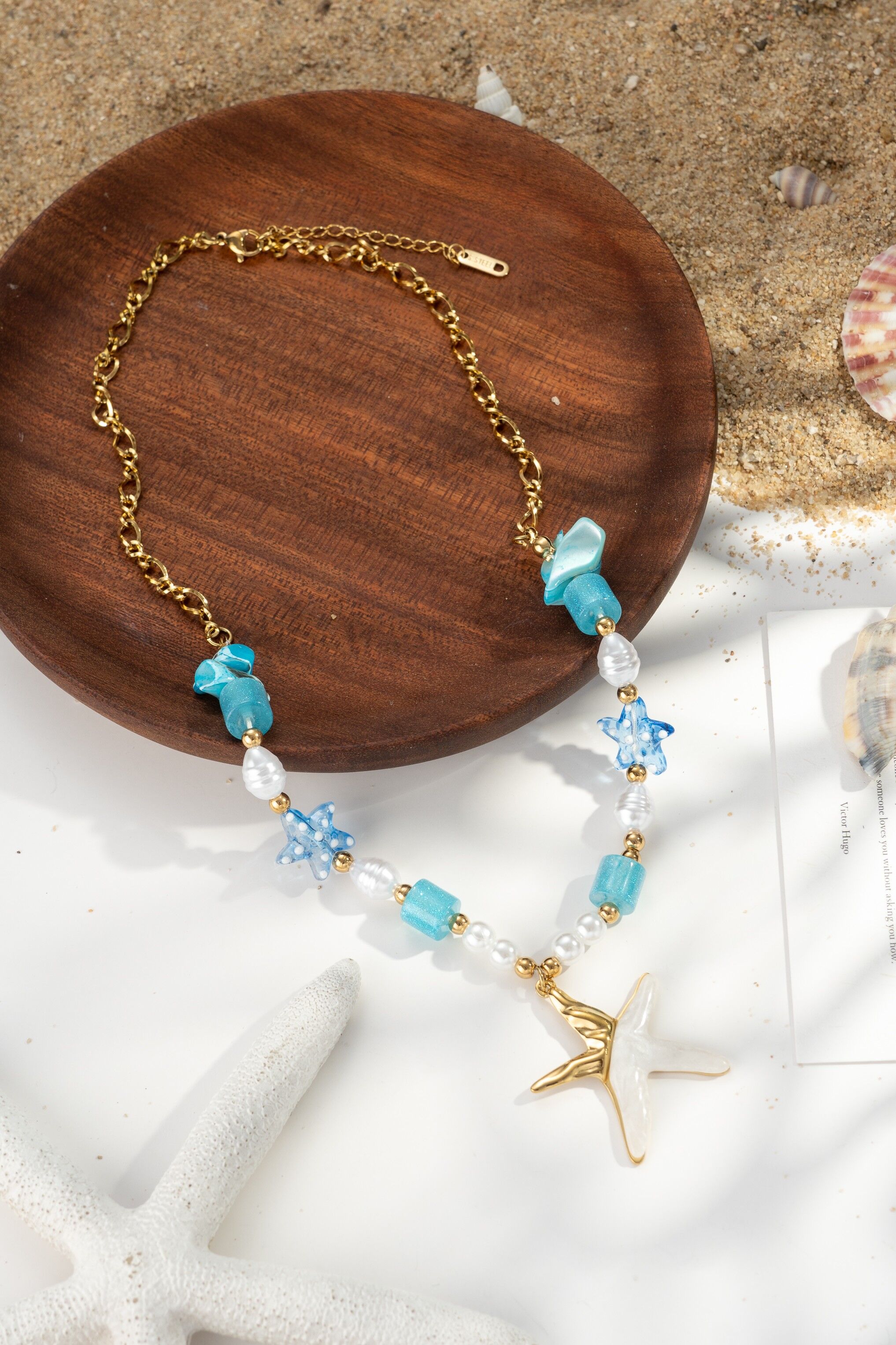 Starfish necklace, mother-of-pearl, gold, blue and white beads, summer beach trend, women's
