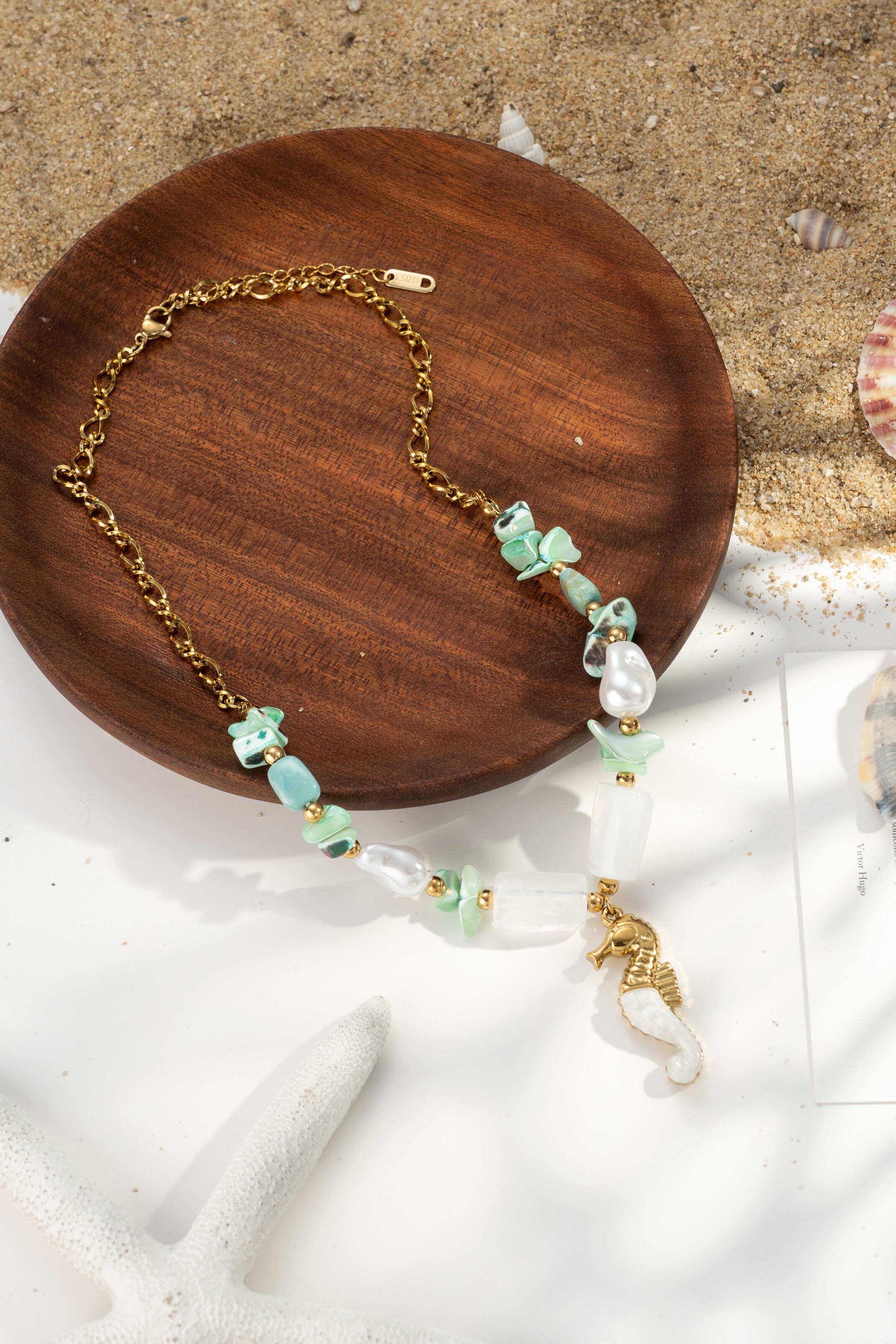 Gold seahorse necklace with turquoise and white beads, beachy, summery, bohemian chic