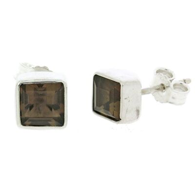 Smokey Quartz Small Square Stud Earrings with Box (NSS02-SQF+BOX)