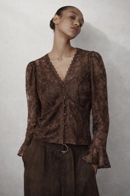 Romantic V-neck lace blouse with flared sleeves