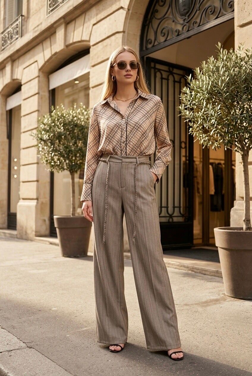 Pantalon femme rayé avec ceinture