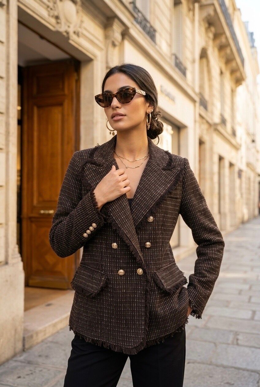 Blazer femme tweed double boutonnage
