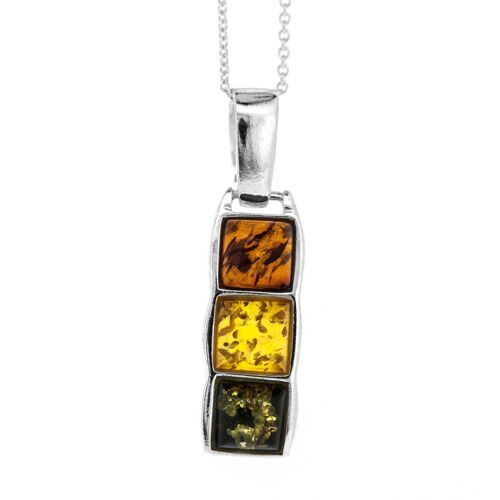 Three Stone Pendant in Mixed Amber And Sterling Silver (A-P2506 +N301+BOX)