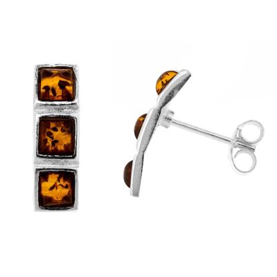 Boucles d'oreilles et boîte à trois pierres en ambre cognac (A-E1844 + BOX)