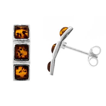 Boucles d'oreilles et boîte à trois pierres en ambre cognac (A-E1844 + BOX) 1