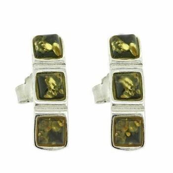 Boucles d'oreilles à trois pierres en ambre vert et boîte de présentation (A-E1845 + BOX) 1
