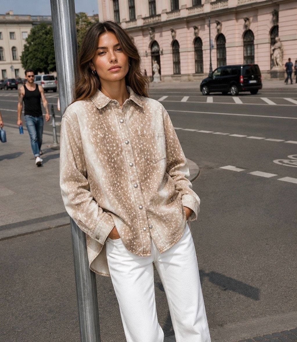 Oversized printed shirt with a skin-like effect