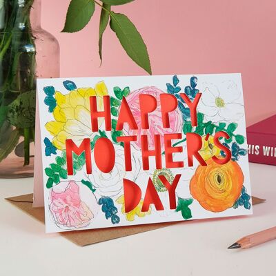 Tarjeta de corte de papel floral de primavera feliz día de la madre