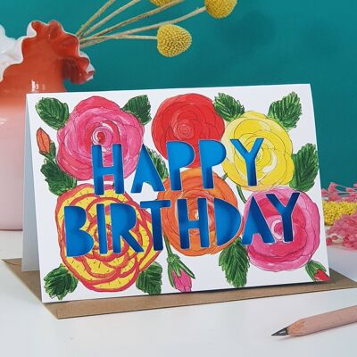 Tarjeta de cumpleaños cortada con papel de flores de nacimiento de junio