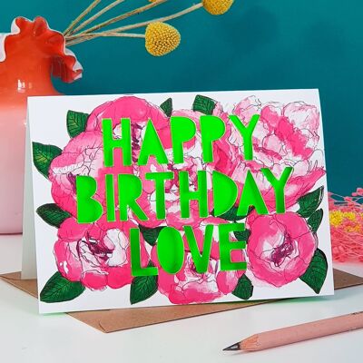 Carte d'anniversaire découpée en papier néon Happy Birthday Love