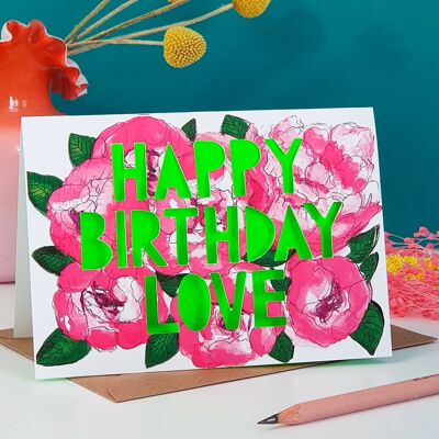 Carte d'anniversaire découpée en papier néon Happy Birthday Love
