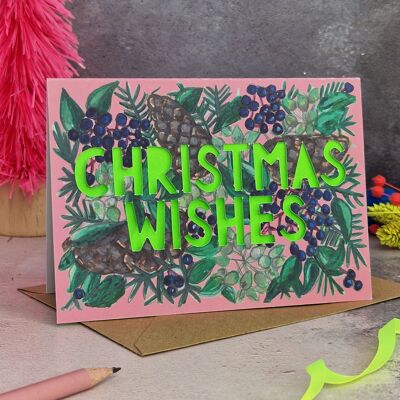 Biglietto natalizio con taglio di carta al neon di Christmas Wishes