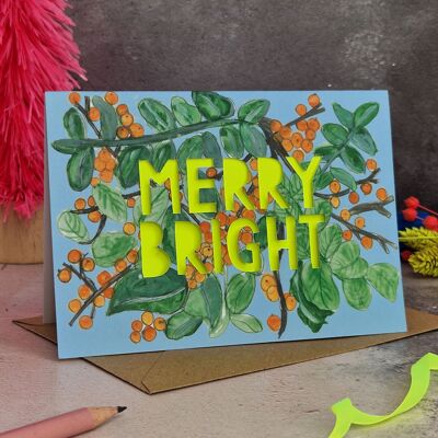 Cartolina di Natale tagliata in carta neon Merry Bright